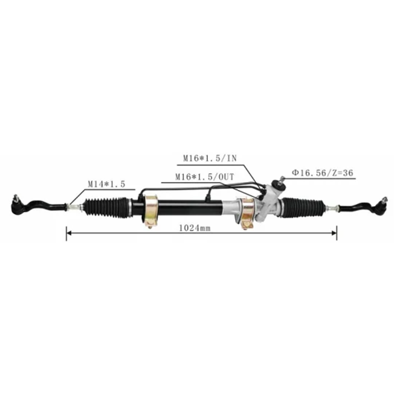 Automotive steering rack with dimensions labeled