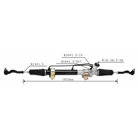 Automotive steering rack with dimensions labeled